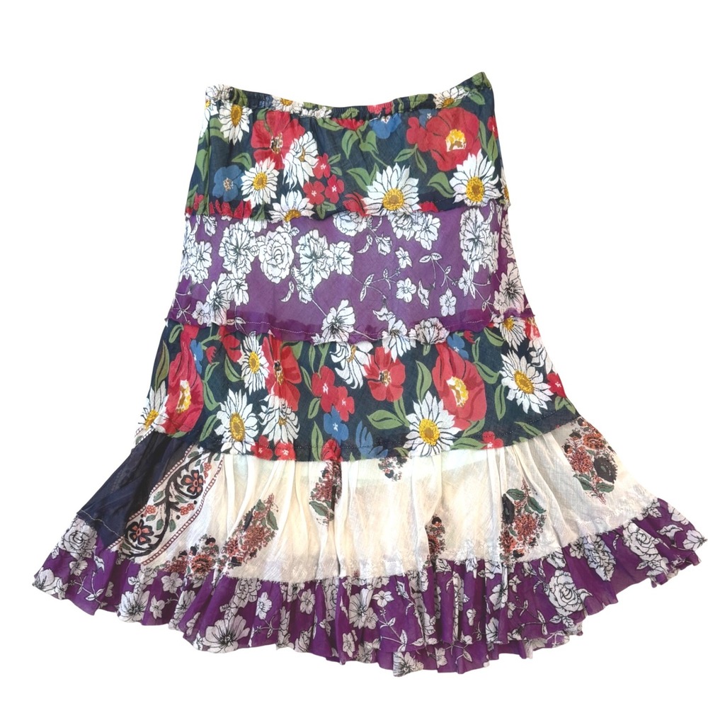etc. Boho Tiered Patchwork Midi Skirt M Floral Gypsy Cottagecore India Festival